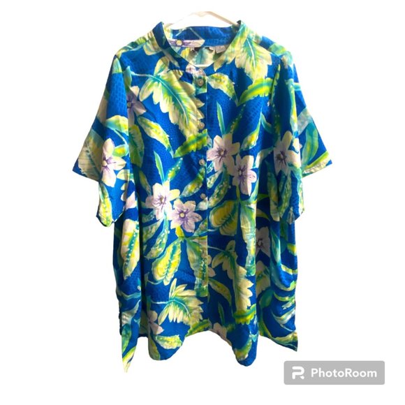 Maggie Barnes Blue Tropical Floral‎ Button Down Blouse 5X Plus Size - Picture 1 of 6